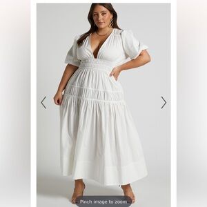 Showpo Mellie Midi Dress - puff sleeve plunge tiered dress in white